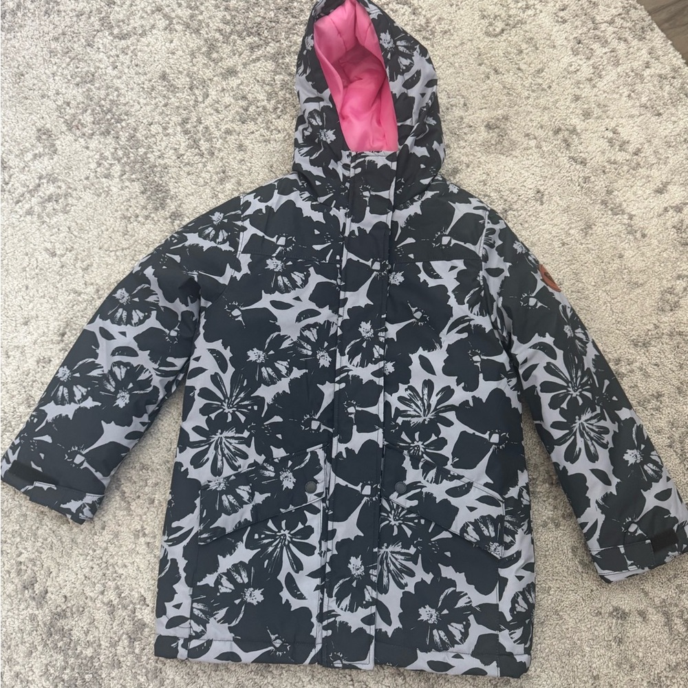 Roxy Girls Hooded Winter Jacket Black Floral Pink Lined Size 7/8 - Picture 6 of 8